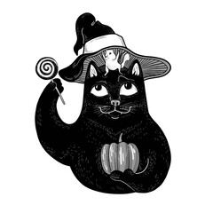 Vector funny black cat with chipmunk, pumpkin and lollipop. Cutest doodle illustrarion for poster, card, print, t-shirt, design. Treak or treat