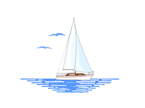 White sailing boat with red stripe on its side set on water surface. Flying birds. Illustration isolated on white background.