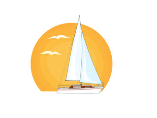 White sailing boat with red stripe on its side. Orange sun and flying birds in the background. Illustration isolated on white background.