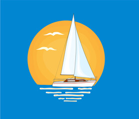 White sailing boat with red stripe on its side set on water surface. Orange sun and flying birds in the background.  Illustration. 