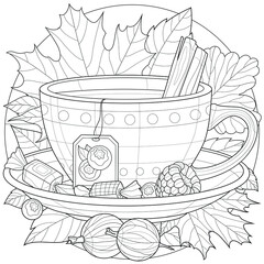 A cup of tea with berries, sweets and cinnamon. Autumn illustration.Coloring book antistress for children and adults. Illustration isolated on white background.Zen-tangle style.