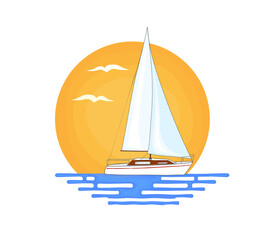 White sailing boat with red stripe on its side set on water surface. Orange sun and flying birds in the background.  Illustration isolated on white background.