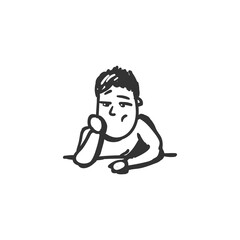 Boredom feeling icon. Bored man. Outline sketch drawing. Human emotions and feelings concept. Despondence, apathy or dejection expression. Isolated vector illustration
