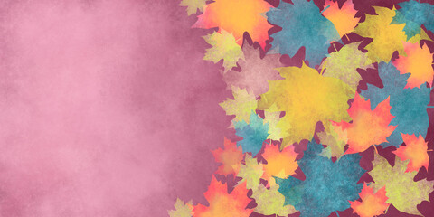 Bright watercolor illustration on an autumn theme. Multi-colored leaves are located on the right side of the banner
