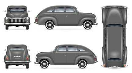 Retro car vector mockup on white background. Isolated grey auto view from side, front, back, top. All elements in the groups on separate layers for easy editing and recolor.