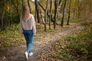 Naklejka na ściany i meble The girl walks through the autumn forest. A walk in the park in warm autumn. A girl in jeans and a hoodie walks along the path. 