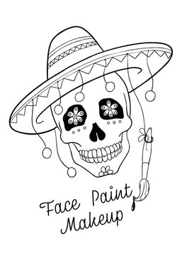 Hand-drawn contour illustration of Mexican skull with sombrero and brush. Sugar skull for the Day Of The Dead. Contour for coloring. Face painting for the Day Of The Dead or Helloween.