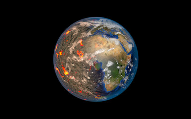 Earth in fire climate change Global warming. Save environment concept. Save the planet. 