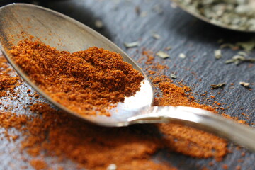 A close up photograph of paprika spice powder on a teaspoon, on a slate counter