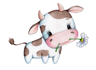 Cute cartoon bull (calf, cow) - symbol of New Year 2021. Watercolor hand drawn sketch, illustration, icon. Isolated on white  background. 