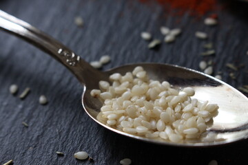 A close up photograph of a teaspoon of sesame seeds.  A common food allergen.