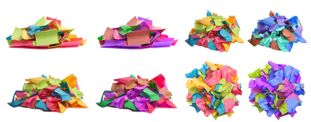 Used colorful stickers notes heap isolated on white. Top and side view. Stationery colored sticky notes. Set different photo for design.