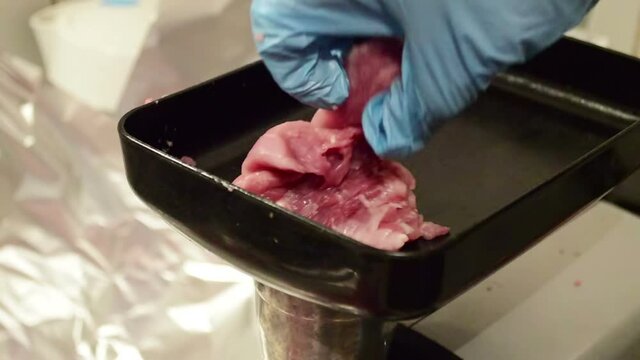 Food processing, human loads meat into a mincing-machine