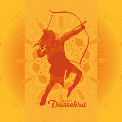 Happy dussehra and lord ram with bow and arrow orange silhouette vector design