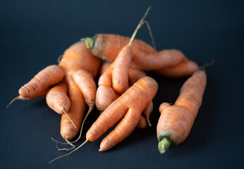 Ugly vegetables. A lot of ugly carrot different size and shape on  black background.