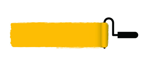 Yellow. Painted the wall and paint roller. Paintbrush sign. Brush stroke background. Color trail of paint texture. Flat vector cartoon sign. For home, interior renovation. Painting, Rollers tool icon.