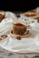 Cocoa in a glass Cup on the table, close up, soft focus.
