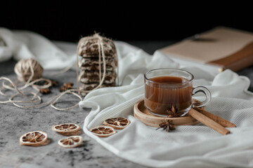 Cocoa in a glass Cup on the table, close up, soft focus.