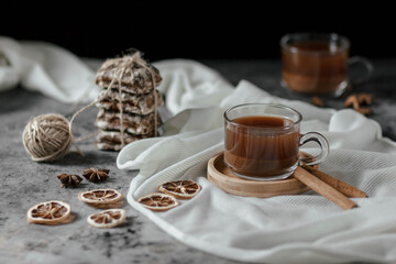 Cocoa in a glass Cup on the table, close up, soft focus.