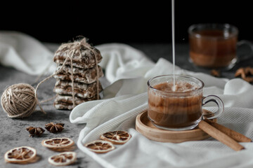 Cocoa in a glass Cup on the table, close up, soft focus.