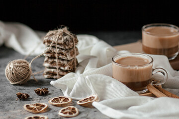 Cocoa in a glass Cup on the table, close up, soft focus.