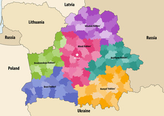 Belarus regions colored by administrative districts vector map with neighbouring countries and territories