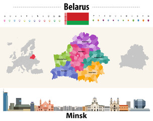 Belarus administrative divisions map. Flag of Belarus. Minsk cityscape. Vector illustration