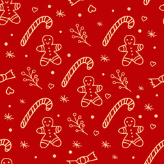 Seamless vector candy background. Gingerbread, candies, snowflakes, Christmas branch