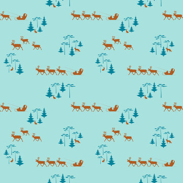 Christmas seamless pattern with bronze silhouettes of reindeer sledding Santa Claus in a sleigh among groups of trees and figures of hares and foxes below them on a light blue background.