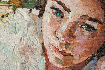 Portrait of young beautiful girl with blue eyes on a ocher background. Oil painting on canvas..