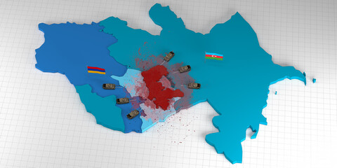 Azerbaijan vs Armenia conflict in Nagorno Karabakh region 3d map illustration render