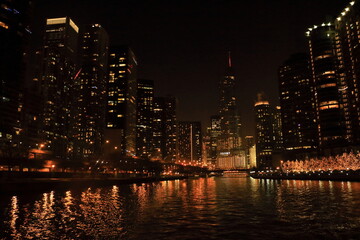 Chicago night life. Chicago illuminated skyline view at night, United States