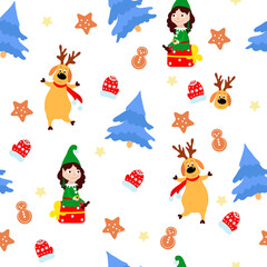 Christmas seamless pattern, dancing deer, elves with gifts, blue Christmas trees, red mittens, gingerbread on a white background. Image for packaging, textiles, wallpaper.