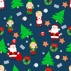 Obraz na płótnie Canvas Christmas seamless pattern Santa Claus and Mrs Santa Claus, funny elves in green costumes, letter, Christmas trees, gingerbread on a dark blue background.