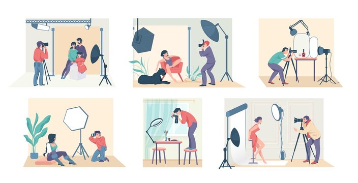 Photo studio. Cartoon photographers shooting family, model, couple and people in costumes. Vector illustration fashion modern professionals taking photo at studio