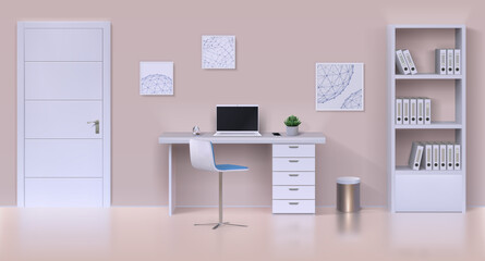 Cabinet interior. Realistic home office mockup with work table, computer, office stationery and home plant. Vector illustration interior template working place with white furniture and door