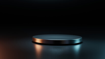 Pedestal of Platform display with black cylinder stand podium on dark room background. Blank Exhibition or empty product shelf. 3D rendering