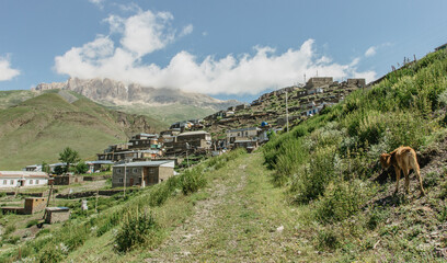 Khinaliq, an ancient Caucasian village located high up in the mountains of Quba Rayon, Azerbaijan. It is the most remote and isolated village in Azerbaijan. Wild natural scenery.Adventure concept.