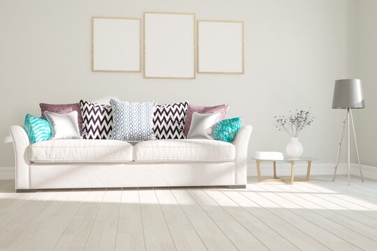 modern room with sofa,lamp,table,vase,frames interior design. 3D illustration