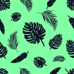 Fototapeta na wymiar Pattern Tropical leaves of palm, monstera. Set of black silhouettes of tree leaves.