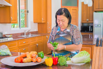 Senior asian woman cutting kale vegetable.