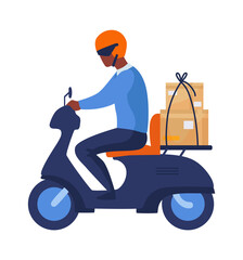 Postman riding motorbike. Cartoon man rides scooter in helmet with parcel, motorcyclist in profile. Modern vehicles, city transport. Isolated electric motorcycle, delivery service vector illustration