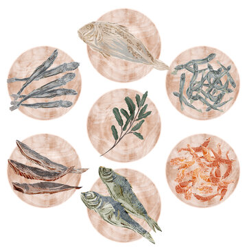 魚介出汁の材料を載せた木皿のイラスト