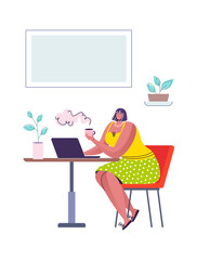 Female in cafe. Cartoon woman sitting in coffee shop drinking and communicating. Adult girl with laptop, freelance worker. Indoor home or restaurant interior. Vector flat modern lifestyle illustration