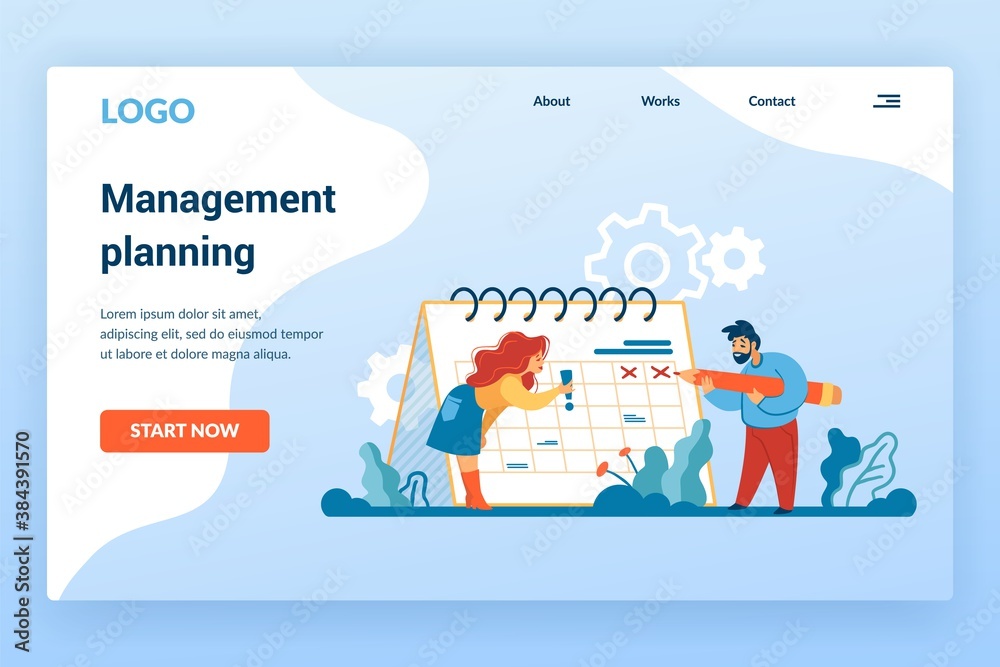 Poster Planning landing page. Time management and workflow organization concept with cartoon business people and calendar. Mobile or web application. Vector website interface design with buttons and text