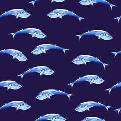 Blue whale watercolor raster seamless pattern. Animals underwater world raster. Marine background. Watercolor background