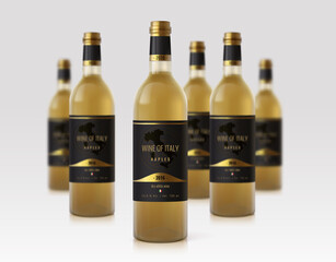 Wine bottles. Realistic mockup of blurred containers for alcoholic beverages. Glass packaging with logo space, food branding. Grape drinks poster, vector presentation for winery advertisement template