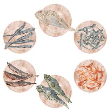 魚介出汁の材料を載せた木皿のイラスト