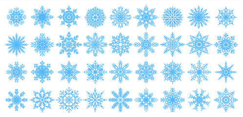 Blue snowflakes icons. Christmas and New Year decorative elements for banners, postcards and greetings. Winter flakes textile template or Xmas presents wrapping paper. Vector snow stars clip art set