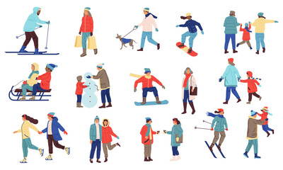 Fototapeta na wymiar Winter activity people. Cartoon crowd of characters playing snowballs, snowboarding, skiing. Family walks with dogs, outdoor extreme sport. Cold season outerwear and goods advertising vector set